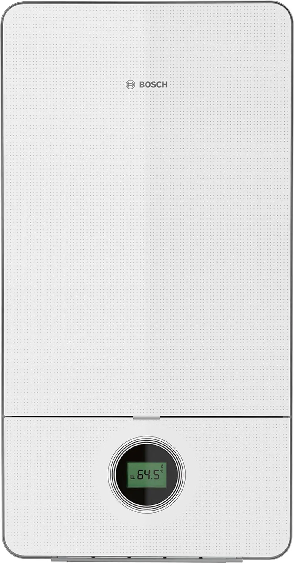 Wandhängendes Heizgerät von Bosch in Weiß mit digitalem Display, das eine Temperatur von 64,5 °C anzeigt. Design mit perforierter Oberfläche.